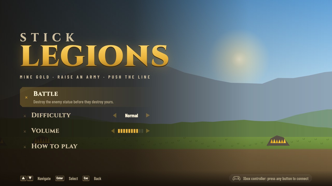 Stick Legions title screen with Battle, difficulty and How to play options