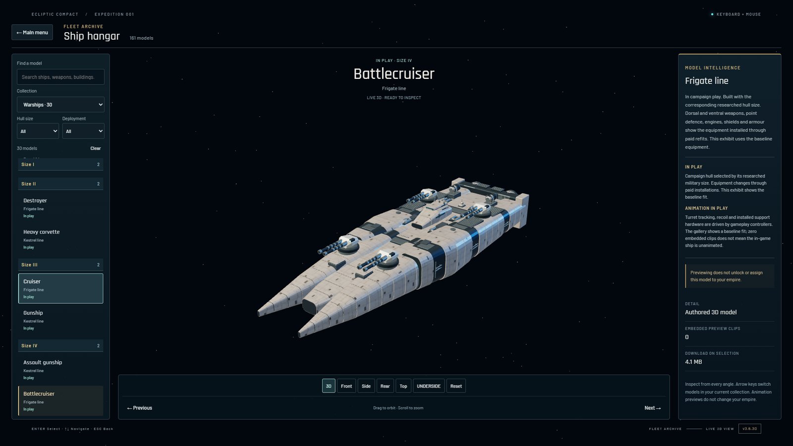 The in-game ship hangar showing a battlecruiser and its stats